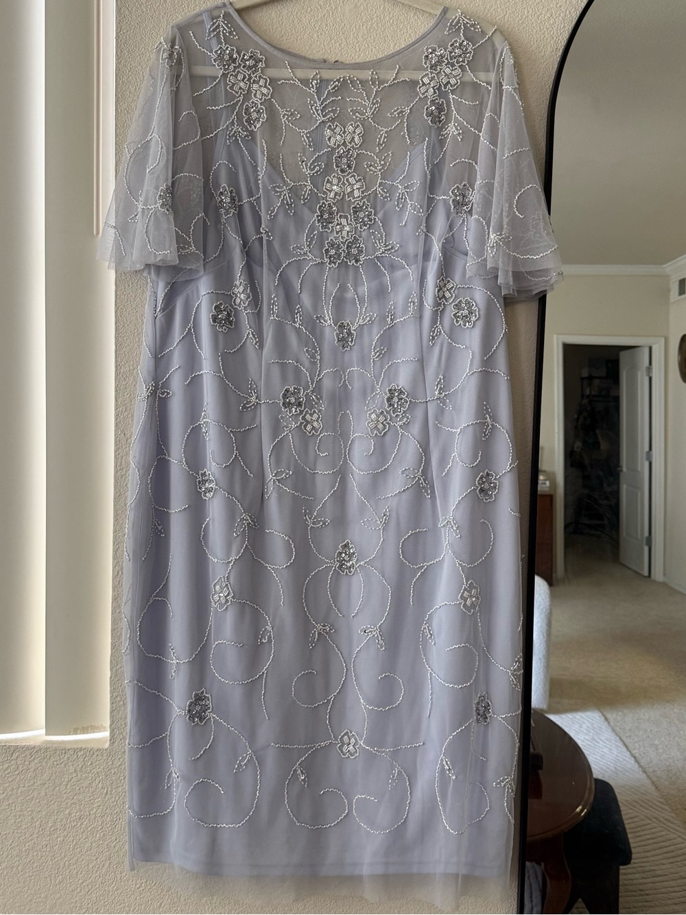 Adrianna Papell Beaded Dress Womens 18 Blue Silver Floral Mesh Formal Evening